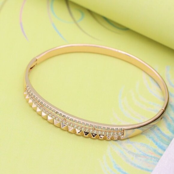 Rose Gold Bangle with Dual CZ Rows and Stud Detail, XPBL0539 - Picture 4 of 12